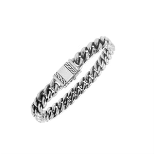 Sterling silver Cuban chain bracelet with engraved Balinese clasp and oxidized finish