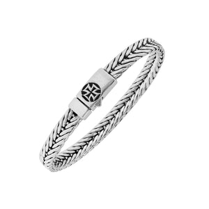 Sterling silver wheat chain bracelet with cross engraved clasp and oxidized finish