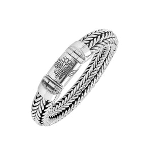 Sterling silver wheat chain bracelet with eagle engraved clasp and oxidized finish