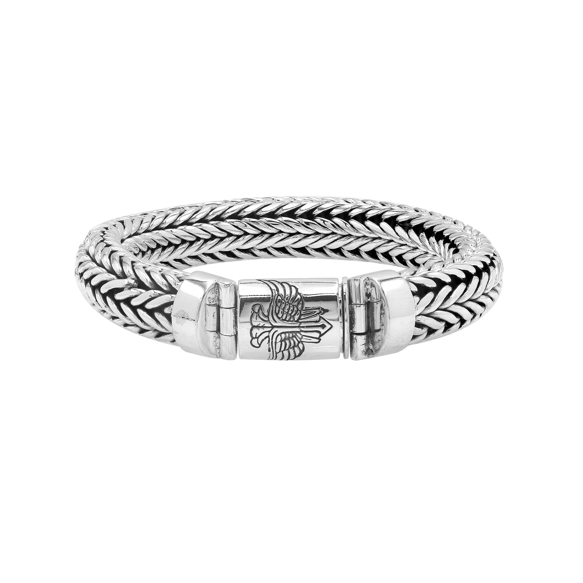 Sterling silver wheat chain bracelet with eagle engraved clasp and oxidized finish