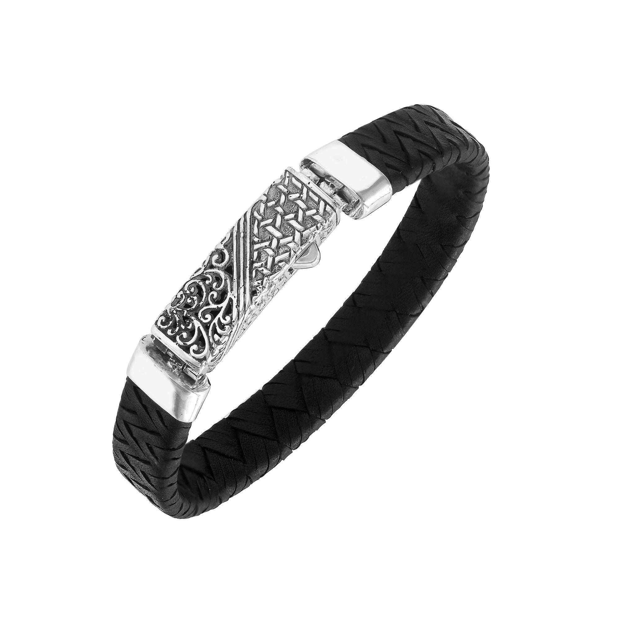 Sterling silver and black leather bracelet with ornate Balinese clasp and oxidized finish