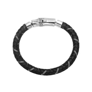 Sterling silver and black leather bracelet with polished clasp handcrafted in Bali