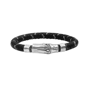 Sterling silver and black leather bracelet with polished clasp handcrafted in Bali