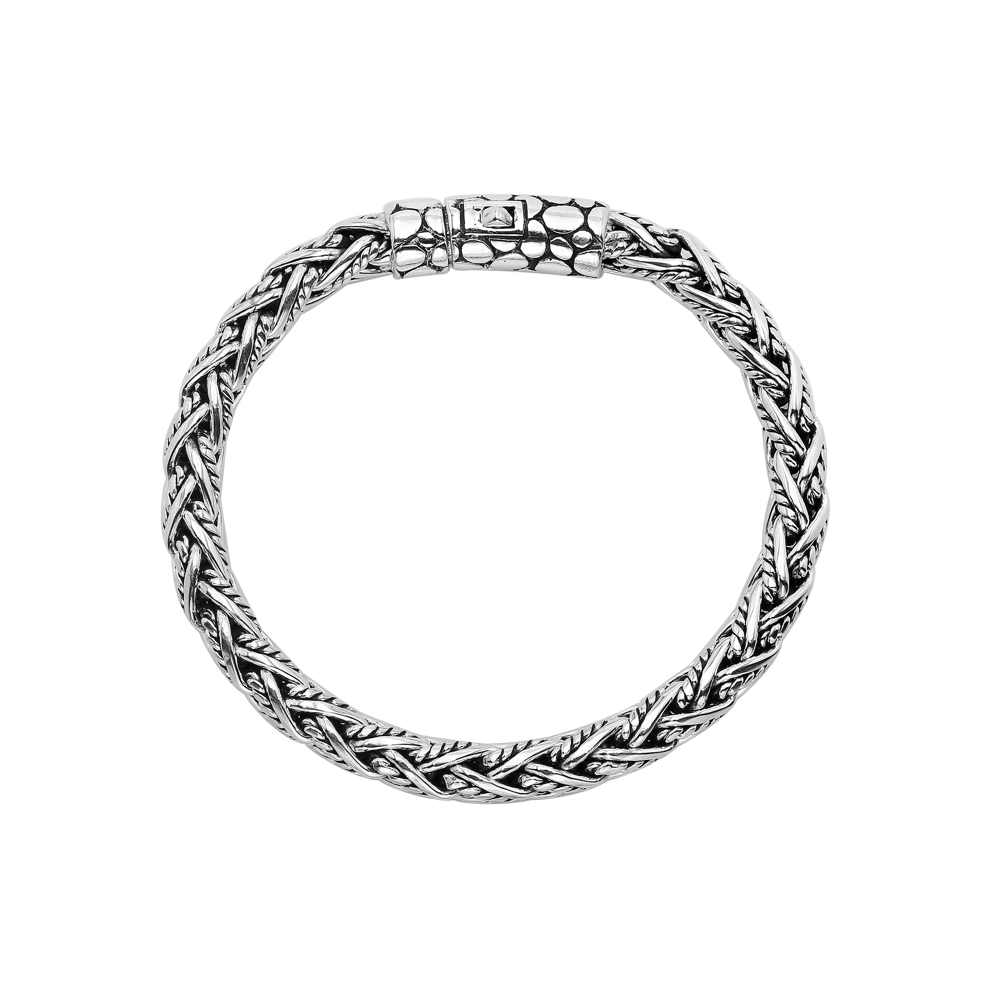 Sterling silver woven bracelet with textured Balinese clasp and oxidized polished finish