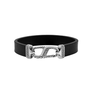 925 Sterling Silver Bracelet With Black Leather And Hook Lock On White Background