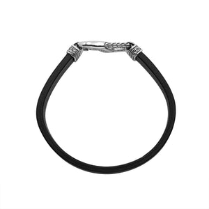 925 Sterling Silver Bracelet With Black Leather And Hook Lock On White Background