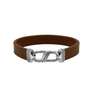 925 Sterling Silver Bracelet With Brown Leather And Hook Lock On White Background
