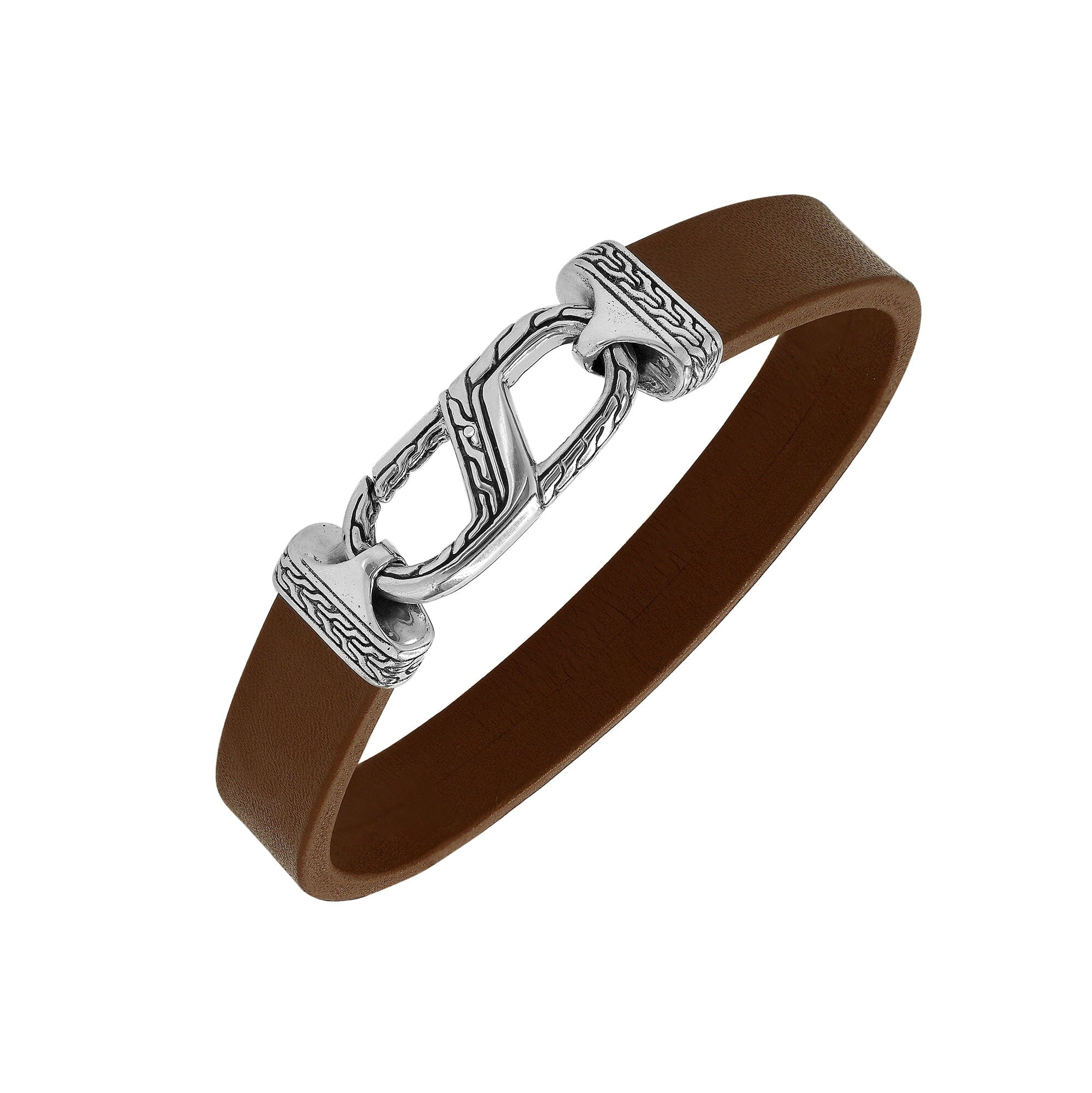 925 Sterling Silver Bracelet With Brown Leather And Hook Lock On White Background