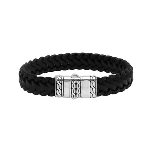925 Sterling Silver Bracelet With Black Leather And Push Lock On White Background