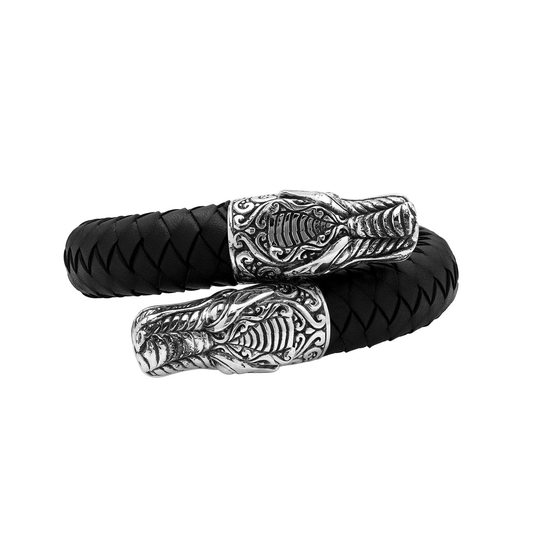 AB-1194-LT-BLK-L Sterling Silver Bracelet With Black Leather Jewelry Bali Designs Inc 
