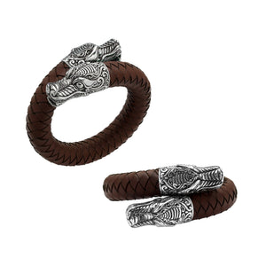 925 Sterling Silver Dragon Bracelet With Brown Leather On White Background