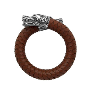 925 Sterling Silver Dragon Bracelet With Light Brown Leather On White Background