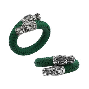 925 Sterling Silver Dragon Bracelet With Green Leather On White Background