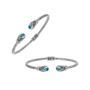 925 Sterling Silver Blue Topaz Quartz Bangle With Hinge Lock And Engraved Balinese Design
