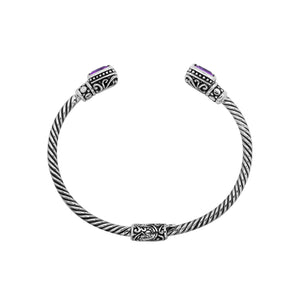 Silver twisted cable bangle in 925 sterling silver with Amethyst Quartz ends and Balinese engraving.