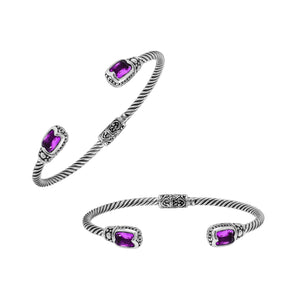Silver twisted cable bangle in 925 sterling silver with Amethyst Quartz ends and Balinese engraving.