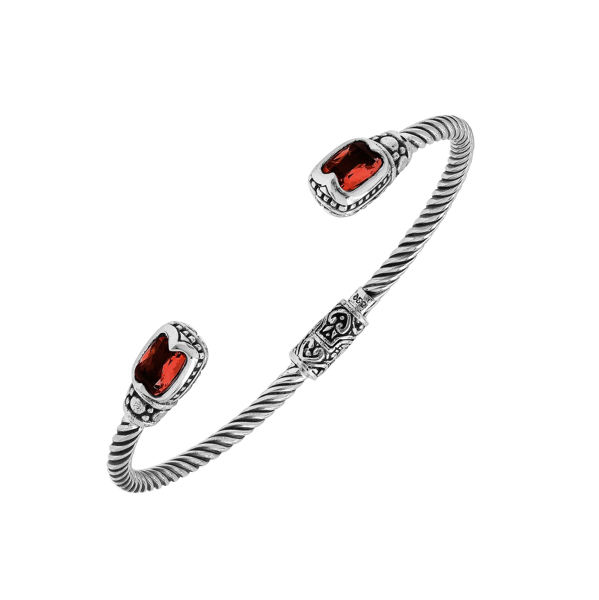 Silver twisted cable bangle in 925 sterling silver with Garnet Quartz ends and Balinese engraving.