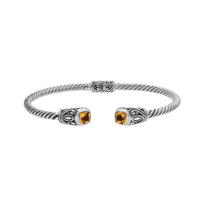 Silver twisted cable bangle in 925 sterling silver with Citrine Quartz ends and Balinese engraving.