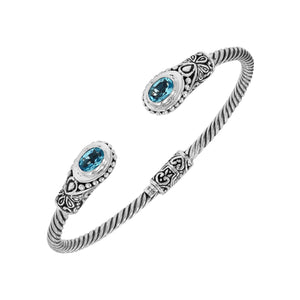 925 sterling silver cable bangle with Blue Topaz Quartz stones and hand-engraved Balinese detailing.
