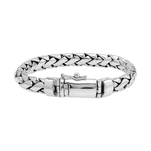 925 sterling silver heavy woven chain bracelet with polished push clasp.