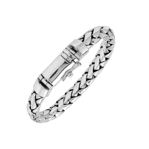 925 sterling silver heavy woven chain bracelet with polished push clasp.