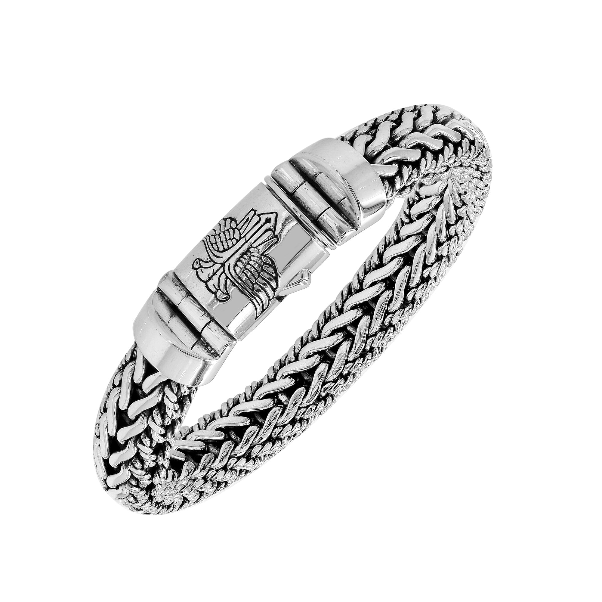 Silver Woven Chain Bracelet With Engraved Box Clasp In 925 Sterling Silver For Wholesale