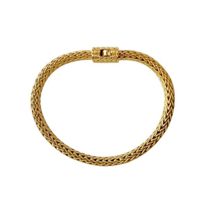 Elegant 18K gold bracelet featuring a smooth woven texture, polished surface, and a secure push clasp for refined everyday style.