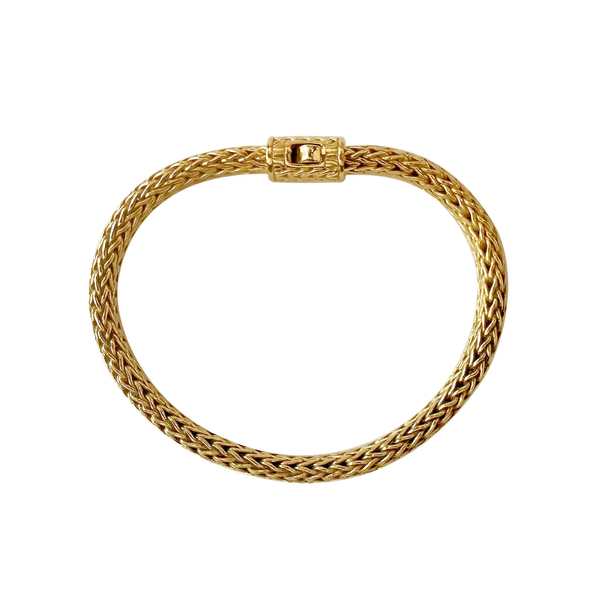 Elegant 18K gold bracelet featuring a smooth woven texture, polished surface, and a secure push clasp for refined everyday style.