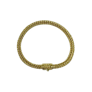18K gold rounded woven chain bracelet with push clasp lock and polished handcrafted finish.