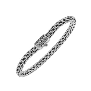Wholesale sterling silver bracelet with a polished 5MM woven Balinese chain and a secure push clasp designed for durable and premium catalog presentation.