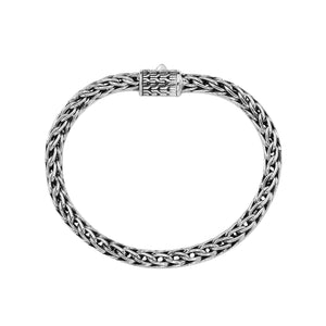 Wholesale sterling silver bracelet with a polished 5MM woven Balinese chain and a secure push clasp designed for durable and premium catalog presentation.