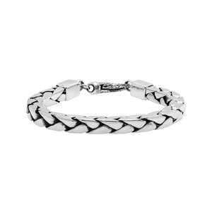 Wholesale sterling silver bracelet featuring a bold 5MM flat-weave chain design with polished and oxidized accents and a durable lobster lock.
