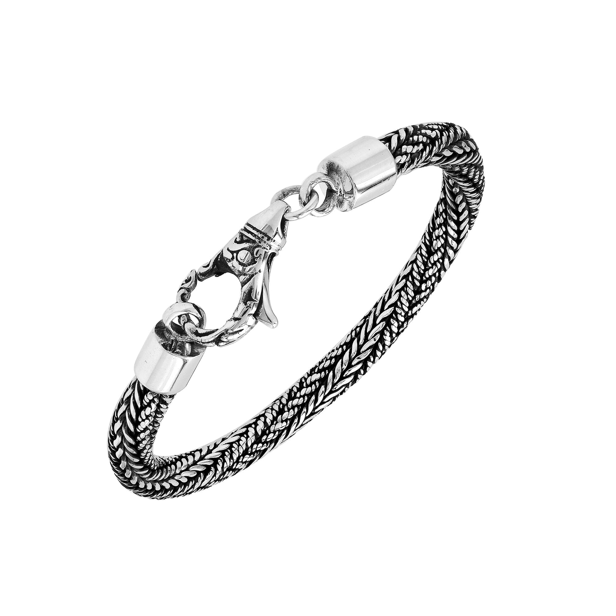 Wholesale sterling silver bracelet featuring a 5MM handwoven Balinese chain design with oxidized detailing and a decorative lobster lock for secure fastening and durability.