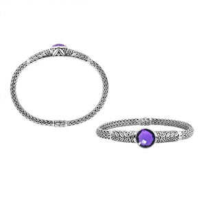 Wholesale sterling silver woven chain bracelet featuring a vivid Amethyst Quartz centerpiece, Balinese textured engravings, and a secure push clasp for premium gemstone jewelry assortments.