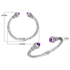 Wholesale sterling silver twisted cable cuff bracelet featuring faceted amethyst quartz end caps, 4MM band size, hinge lock, and detailed Bali-style engravings.