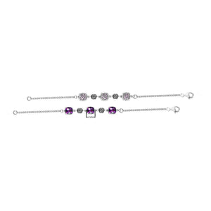 Wholesale sterling silver bracelet featuring cushion-cut Amethyst quartz stones with decorative silver links, a 2.5MM chain design, and a secure lobster lock closure.