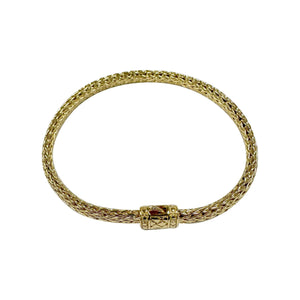 Wholesale 18K gold woven Bali chain bracelet featuring an ornate push clasp and high-polish finish, designed for premium inventory and upscale retail environments.