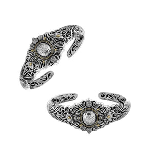 Sterling Silver With 18K Gold Balinese Engraved Diamond Cuff Bracelet Featuring Hammered Center And Ornate Artisan Detailing