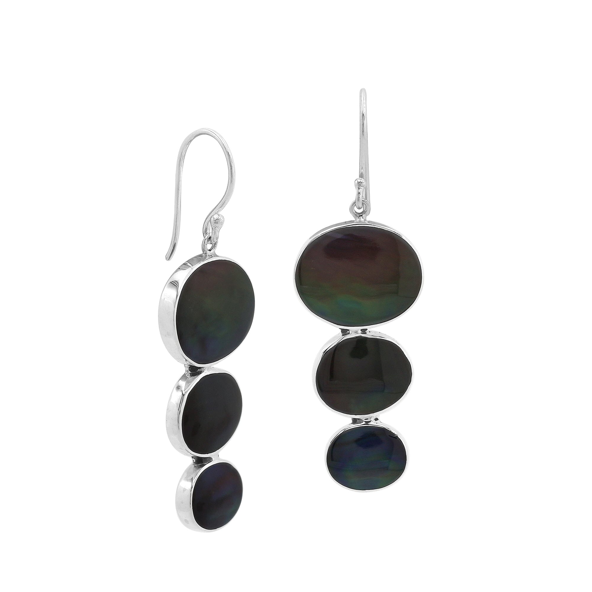 Wholesale sterling silver earrings with triple round black shell inlays, handcrafted in Bali