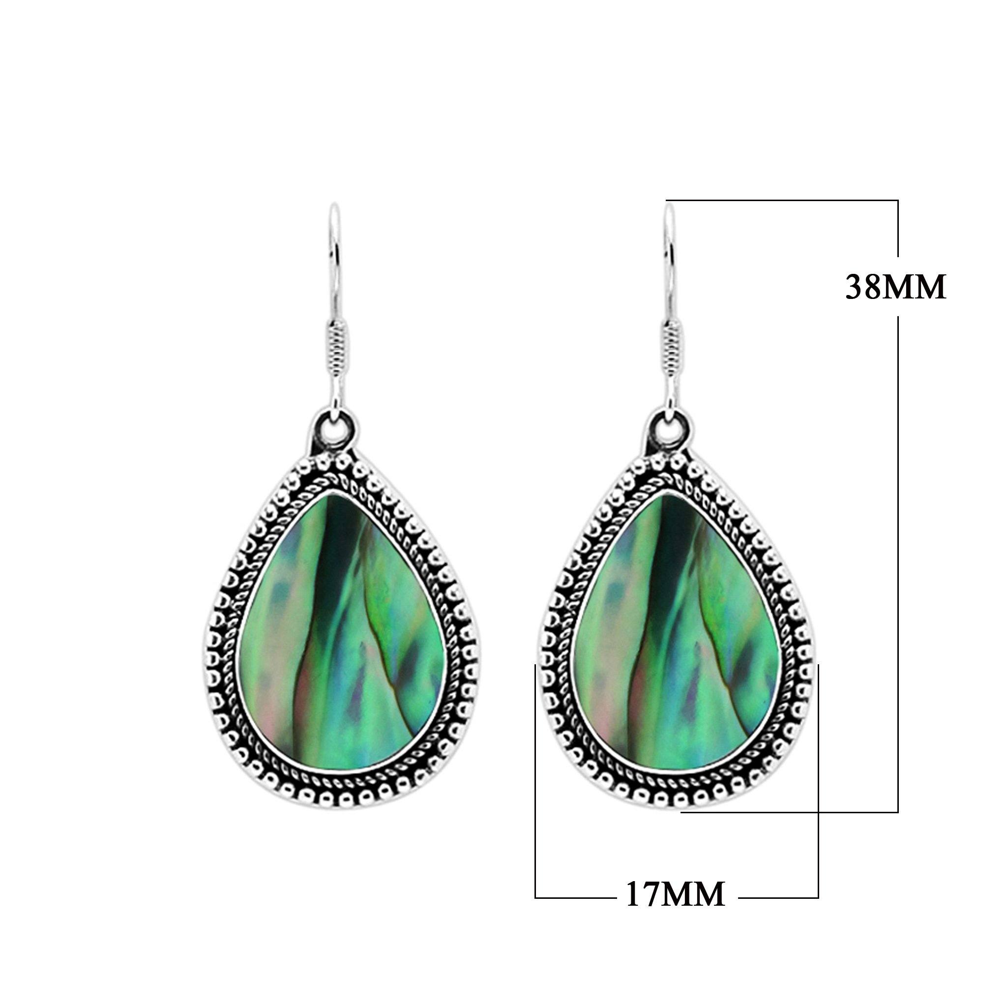 Wholesale sterling silver teardrop Abalone earrings with iridescent shell and Bali-inspired beaded border, handcrafted artisan jewelry for bulk orders.