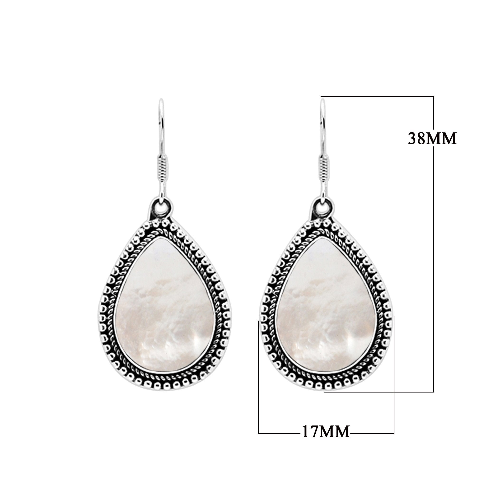 Wholesale sterling silver teardrop Mother of Pearl earrings with Bali-inspired beaded border, handcrafted artisan jewelry for bulk orders.