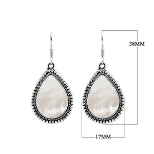 Wholesale sterling silver teardrop Mother of Pearl earrings with Bali-inspired beaded border, handcrafted artisan jewelry for bulk orders.