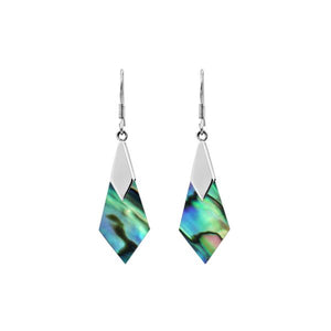 Wholesale sterling silver Abalone shell drop earrings with geometric cut design, iridescent hues, and artisan silver accents for bulk jewelry orders.