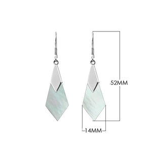 Wholesale sterling silver Mother of Pearl drop earrings with geometric cut design, luminous iridescent finish, and artisan silver detailing for bulk buyers and retailers.
