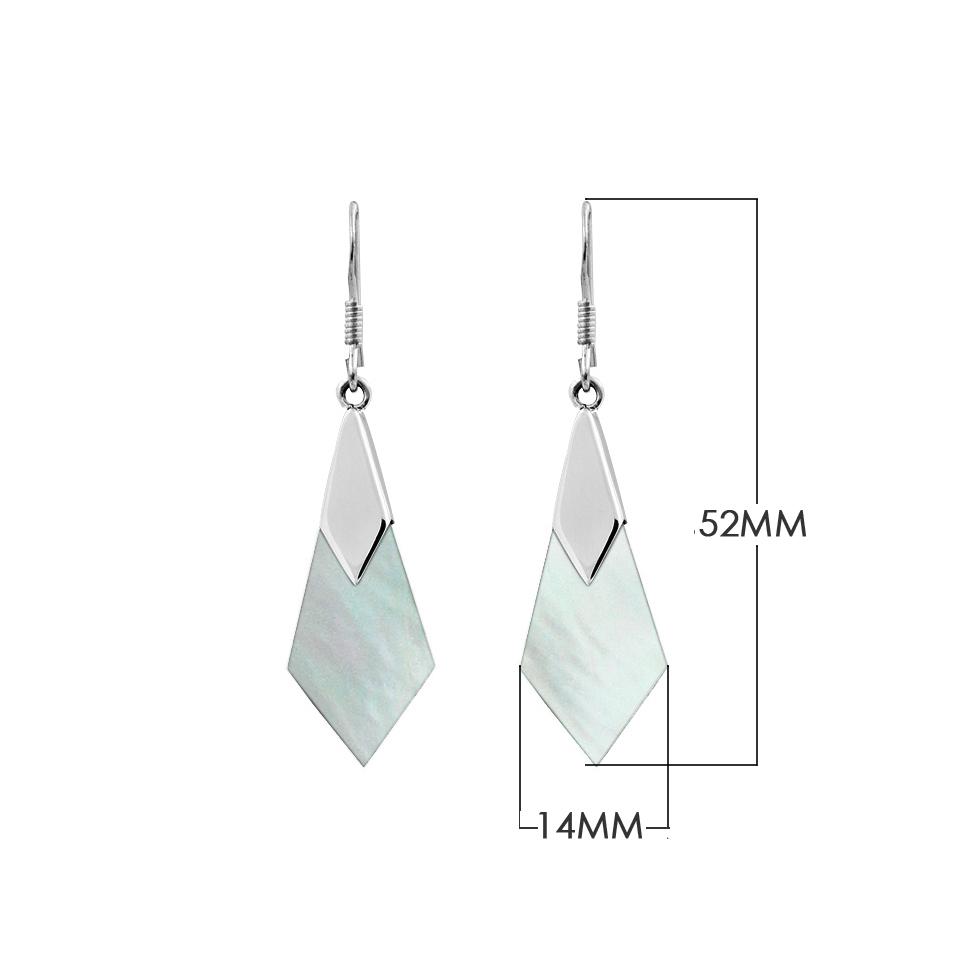 Wholesale sterling silver Mother of Pearl drop earrings with geometric cut design, luminous iridescent finish, and artisan silver detailing for bulk buyers and retailers.