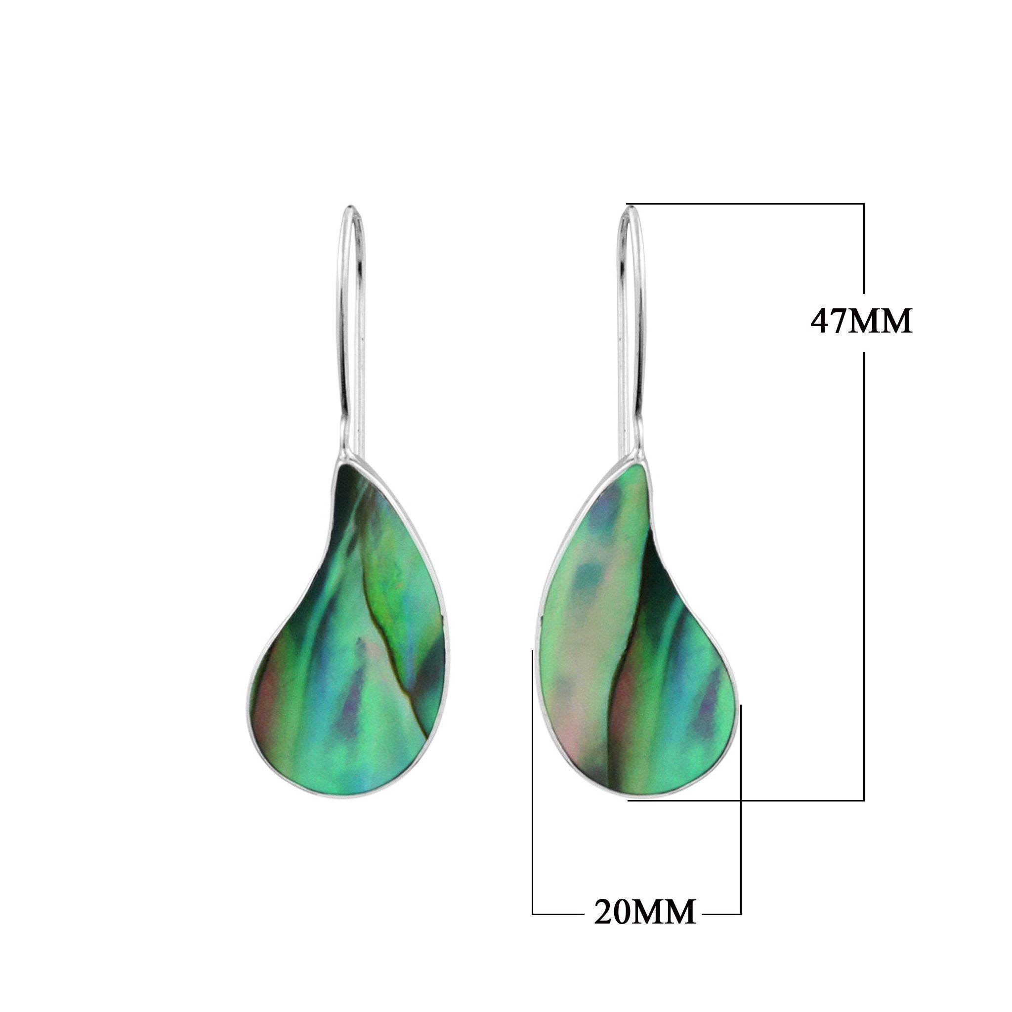"Wholesale sterling silver teardrop earrings with natural abalone shell inlay, handcrafted Bali jewelry for bulk orders."