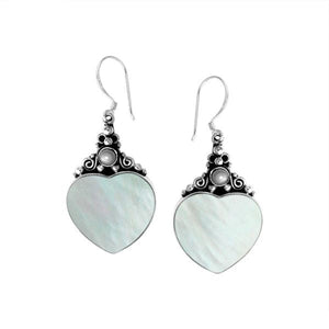 "Wholesale sterling silver heart earrings with Mother of Pearl and pearl accents, handcrafted Bali design jewelry"
