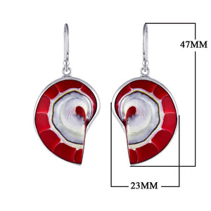 sterling silver red coral spiral shell drop earrings with open circle design