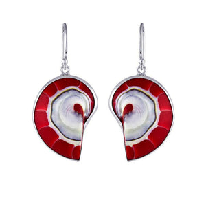 sterling silver red coral spiral shell drop earrings with open circle design