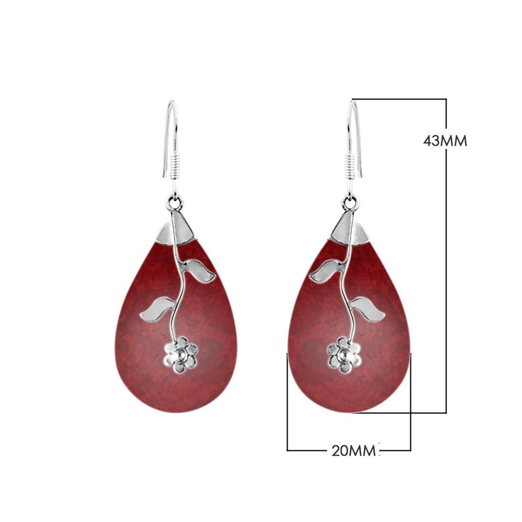 Sterling silver red shell teardrop earrings with floral vine design for wholesale jewelry buyers